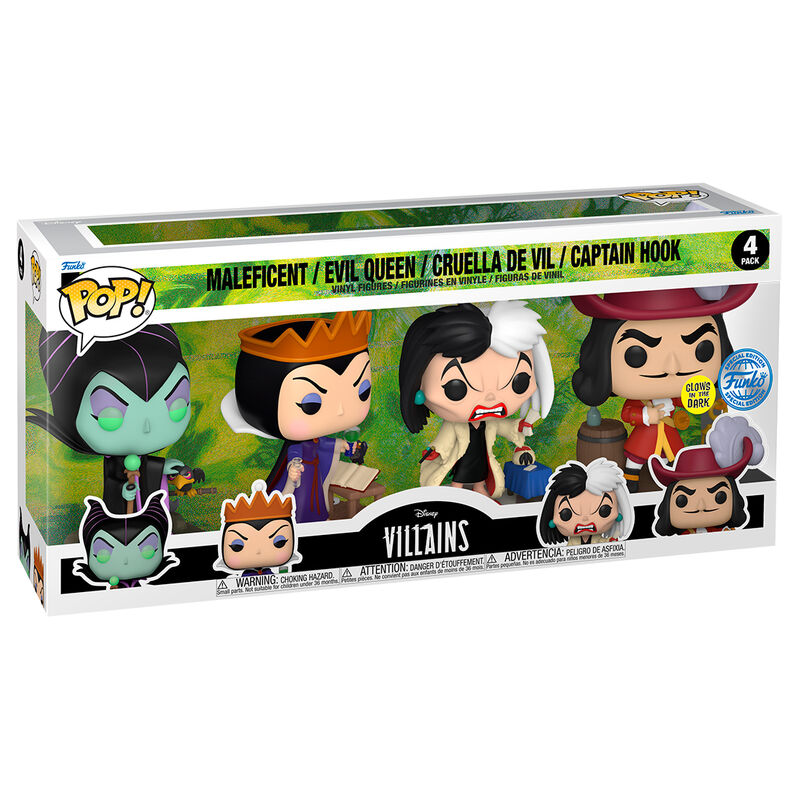 Funko Pop Disney Villains 4 Pack Maleficent / Evil Queen / Cruel De Vil / Captain Hook